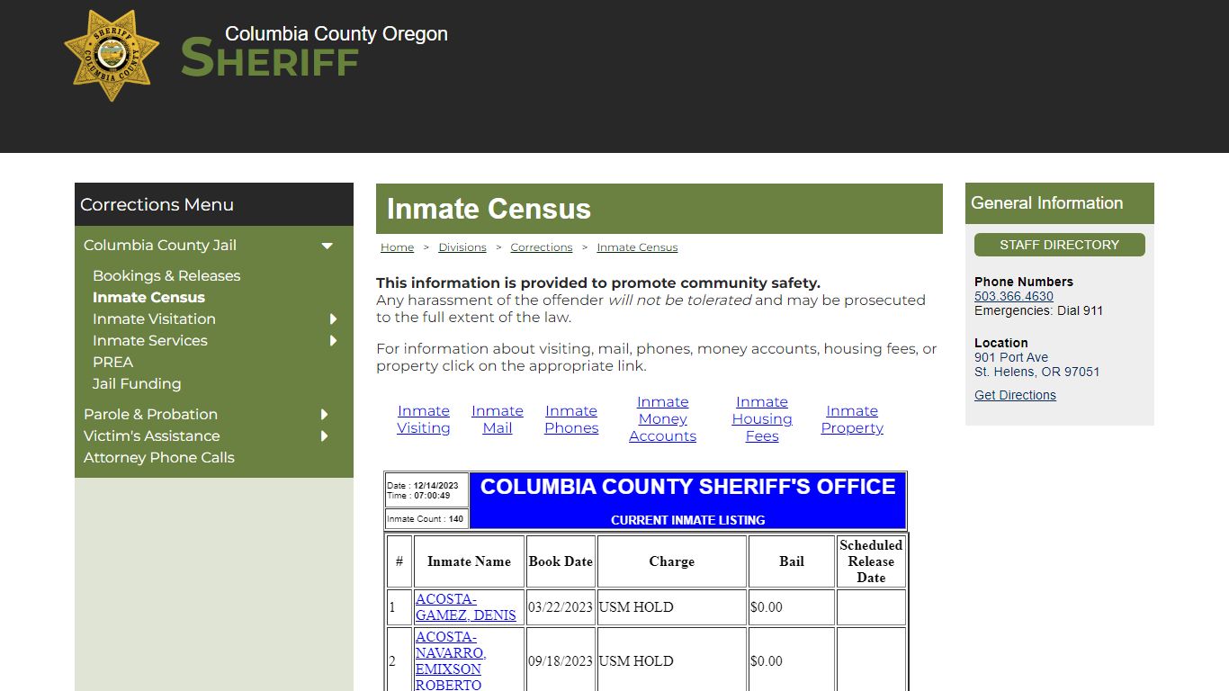 Columbia County Oregon Sheriff - Inmate Census